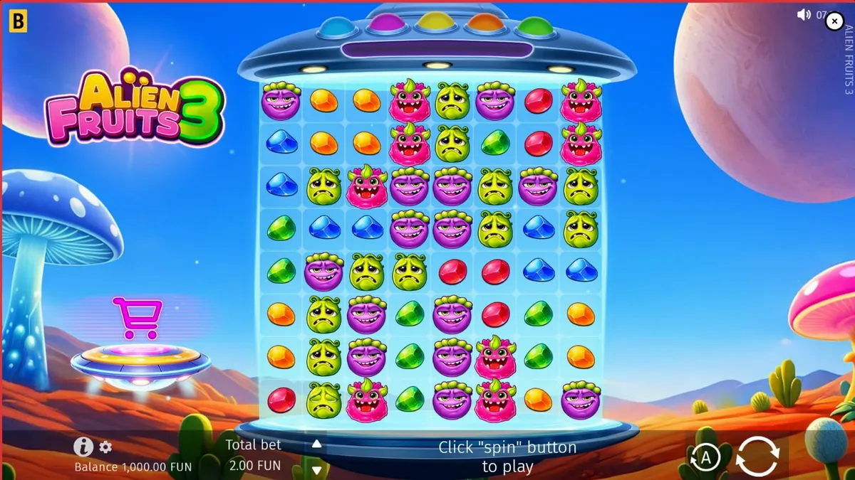 Tampilan visual neon sci-fi dari slot Alien Fruits 3 dengan grid 8x8