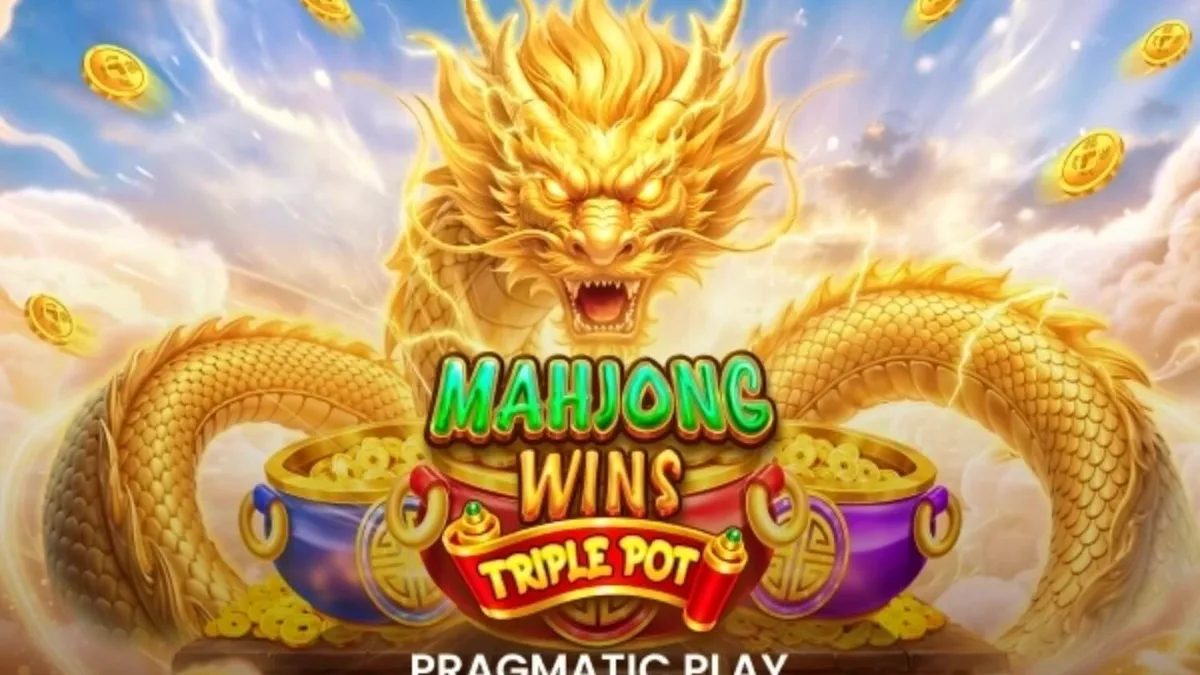 Tampilan visual slot Mahjong Wins Triple Pot dengan ubin Mahjong dan naga emas